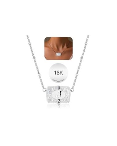 ROJHOL Gold Silver Initial Necklace for Women, 18K Gold Plated Mini Belt Buckle Initial Necklace, Letter A-Z Pendant Charm Necklace Unique Western Jewelry Gifts for Women Men (J, Silver)