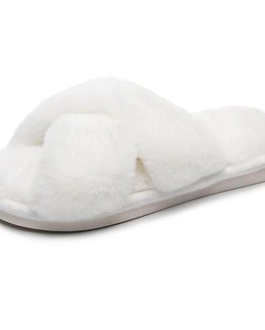 Crazy Lady Women's Fuzzy Fluffy Furry Fur Slippers Flip Flop Open Toe Cozy House Memory Foam Sandals Slides Soft Flat Comfy Anti-Slip Spa Indoor Outdoor Slip on(White38)