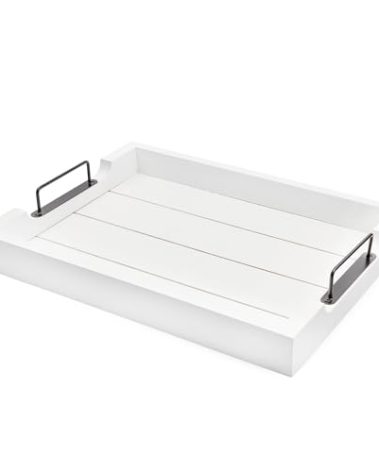 AuldHome Design Rustic Wood Serving Tray (White); Wooden Farmhouse Shiplap Decorative Ottoman Tray w/Black Metal Handles, 16.75 x 12.75 Inches