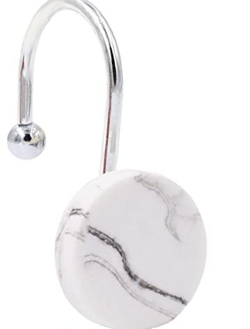 CandyGrid Shower Curtain Hooks Decorative, White Shower Curtain Hooks Rust Proof, Set of 12 Stainless Steel Shower Curtain Hooks Rings, Shower Curtain Hangers for Bathroom Curtains Rods (White Marble)