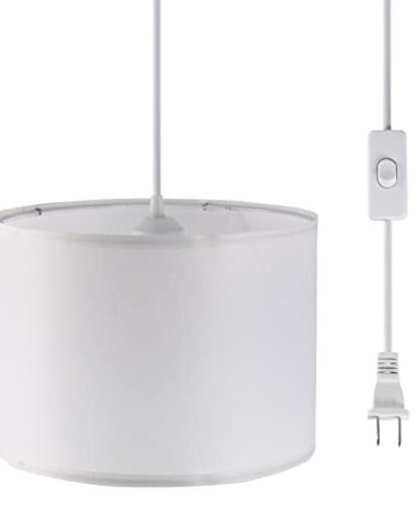 KUAUGST Plug in Pendant Light, 15 FT Hanging Lamp with Plug in Cord, On/Off Switch, Pendant Lighting with Fabric Shade, Hanging Light Fixture for Living Room, Bedroom, Dining Room, Kitchen (White)