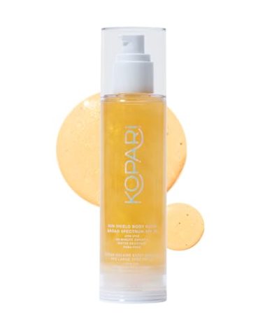 Kopari Sun Shield Body Glow, Broad Spectrum SPF 50, Lightweight Shimmering Gel Texture Absorbs Quickly, Non Sticky, Glowing Results, Gold 5 oz