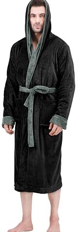 NY Threads Mens Hooded Fleece Bathrobe Plush Long Spa Robe Pack of 1, 2X-Large/3X-Large, Black and Steel Grey