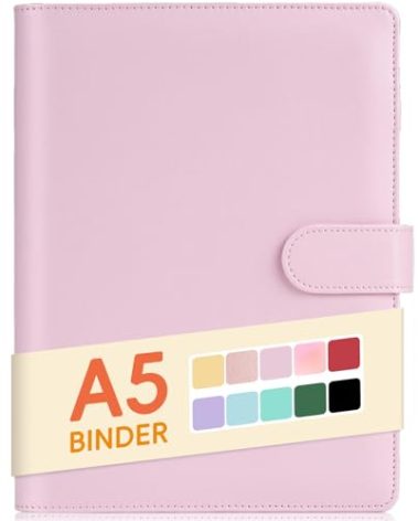 Sooez A5 Binder with 6 Rings, Refillable Notebook Planner Cover, Small Leather Organizer, Pink