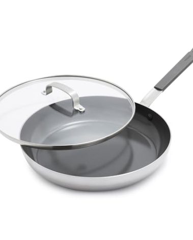 GreenPan x Bobby Flay Stainless Steel 12” Frying Pan Skillet & Glass Lid, Professional Grade Tri-Ply, Multiclad, PFAS-Free Ceramic Nonstick, Induction Suitable, Dishwasher & Oven Safe,Stay Cool Handle