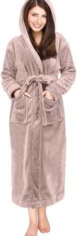 NY Threads Women's Fleece Hooded Bathrobe Plush Long Spa Robe, X-Large, Taupe