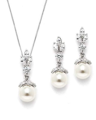 Mariell Ivory Pearl Necklace and Drop Earrings Bridal and Wedding Jewelry Set for Women, Brides, Bridesmaids or Mother of the Bride, Platinum Plating, Perfect Jewelry Gift for Women