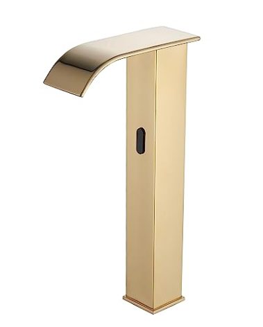 GGStudy Automatic Sensor Polished Gold Touchless Bathroom Vessel Sink Faucet Vanity Faucets Hands Free Waterfall Bathroom Water Tap with Control Box and Temperature Mixer