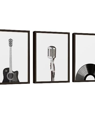 EXCOOL CLUB Retro Music Wall Art - 12x16 Black and White Music Posters, Guitar Room Decor, Record Studio Decor, Vintage Guitar Art Prints, Instrument Record Pictures for Living Room (UNFRAMED)