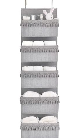 Dahey Over The Door Organizer Boho Nursery Storage Decor Closet Hanging Organizer with Tassels Decoration for Bedroom Nursery Bathroom Apartments Dorm Pantry, 5 Pockets, Grey
