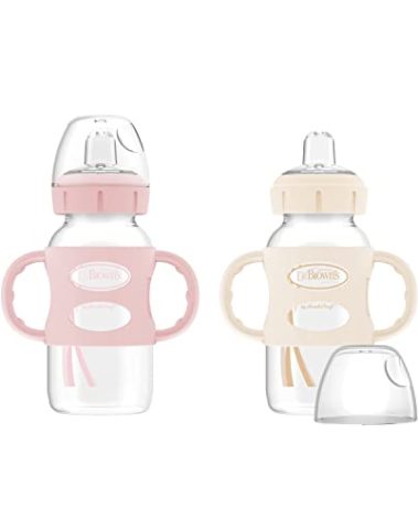 Dr. Brown's Milestones Wide-Neck Sippy Spout Bottle with 100% Silicone Handles, Easy-Grip Handles with Soft Sippy Spout, 9oz/270mL, Light-Pink & Ecru, 2-Pack, 6m+