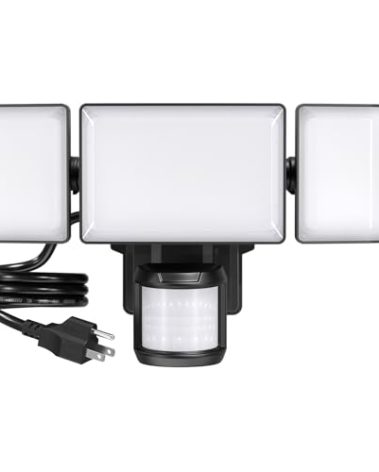 Olafus 75W Motion Sensor Outdoor Light Plug in, Motion Flood Light Dusk to Dawn, 7500LM LED Security Light IP65 Waterproof, Motion Activated 6500K PIR Sensor Lighting for Garage Yard Patio Eave, Black