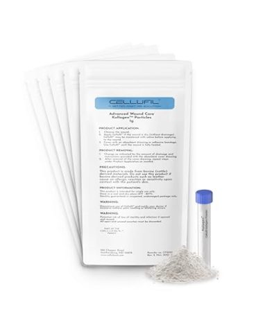 Cellufil Collagen Particles for Advanced Wound Care - Box of 5 Vials - 100% Non-Hydrolyzed Bovine Collagen for Tissue Regeneration, First Aid & Minor Bleeding