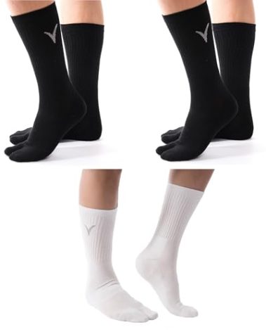 V-Toe Flip-Flop Socks - Tabi Split Toe Thicker Cotton Men & Women Japanese Toes Separated 2 Black, 1 White - 3 Pairs Pack