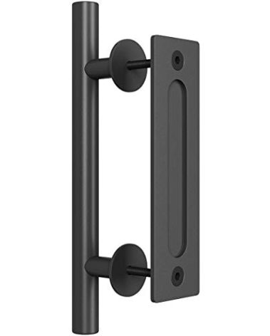 SMARTSTANDARD 12" Heavy Duty Sliding Barn Door Handle, Pull and Flush Hardware Set, Black Powder Coated Finish, Large Rustic Two-Side Design, Round