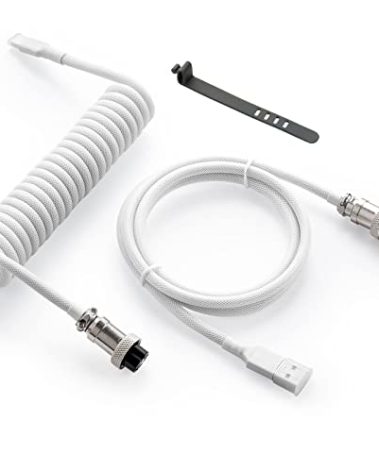 GUNMJO Pro Custom Coiled USB C Cable for Gaming Keyboard, Double-Sleeved Mechanical Keyboard Cable with Detachable Metal Aviator, 1.5M USB-C to USB-A, White Color