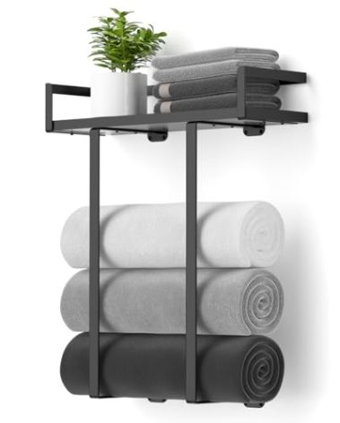 Towel Racks for Bathroom Wall Mounted, Xstydes Metal Towel Holder with Wooden Shelf for Folding Large Towels, Towel Storage for Small Bathroom Organizer Decor or RV Camping, Black