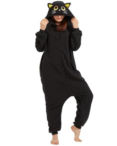 AMAMHAHAVA Cozy Black Cat Onesie Pajamas for Adults Halloween Costume One-Piece Cosplay Christmas Sleepwear