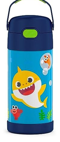 THERMOS FUNTAINER Water Bottle with Straw - 12 Ounce - Kids Stainless Steel Vacuum Insulated Water Bottle with Lid, Baby Shark
