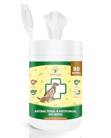 Natouch Antifungal and Antibacterial Wipes for Dogs & Cats, Dog Yeast Infection Treatment Wipes, All Natural Grooming Wipes for Cleaning, Help with Hot Spots, Ringworm, and Skin Infections, 80 Count