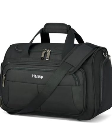 HanTrip Carry on Duffel Bag Foldable Duffle Bags for Travel, Under Seat Personal Item Bags for Airplanes, Weekender Overnight Mens Travel Tote Bag for Women Small Softside Carry on Luggage (Black)