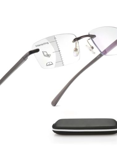 Missfive Premium Aluminum Progressive Multifocus Reading Glasses Men Blue Light Blocking, No-Line Spring Hinge Rimless Office Multifocal Metal Readers,1.25x-2.5x on A Lens for Near Range, Gunmetal