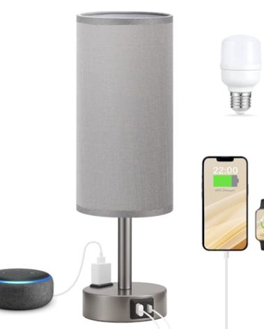 Fenmzee Grey Bedside Table Lamp for Bedroom - 3 Way Dimmable Touch Lamp USB C Charging Ports and AC Outlet, Small Lamp for Living Room, Desk, LED Bulb Included