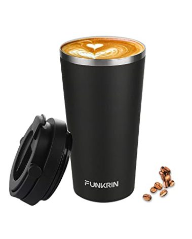 Funkrin Insulated Coffee Mug with Ceramic Coating, 16oz Iced Coffee Tumbler Cup with Flip Lid and Handle, Double Wall Vacuum Leak-Proof Travel Mug for Office School Party Camping