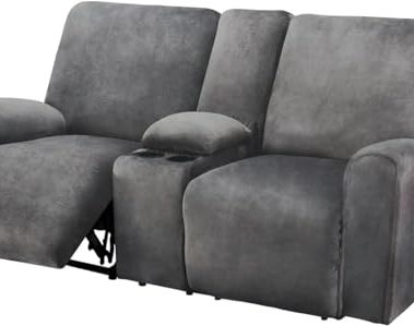 ULTICOR Reclining Loveseat with Middle Console Slipcover, 8-Piece Velvet Stretch Sofa Covers, 2 seat Loveseat Recliner Cover, Thick, Soft, Washable(Dark Grey)