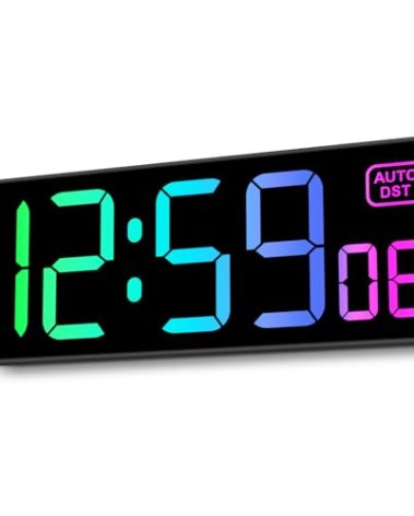 Soobest Large LED Digital Wall Clock 8 RGB Color Changing Display, Corded Plug in Electric Digital Clock with Seconds for Living Room Bedroom Desk Table Office, 5 Dimmers, Auto DST, 10 Inches