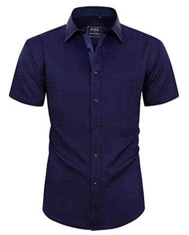 Alimens & Gentle Mens Short Sleeve Dress Shirts Wrinkle Free Solid Casual Button Down Shirts with Pocket, Navy Blue, Large