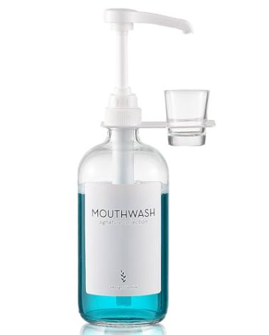 Onsogi Glass Mouthwash Dispenser with Cup Holder and Pump, 16 Oz Rustic Boho Mouthwash Dispenser for Bathroom Farmhouse Decor - 1 Pack Clear