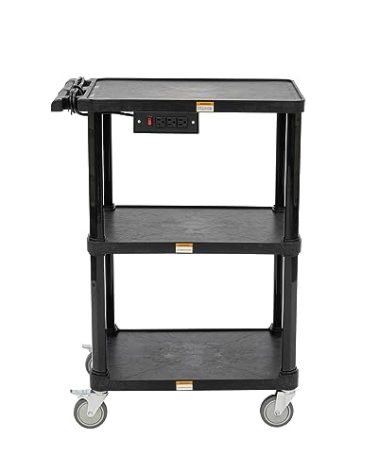 Pearington 3-Shelf Mobile Utility Cart with 3 Outlets and 8' Cord, Heavy-Duty Service Cart for Offices and Warehouses with 3 Shelves, Black