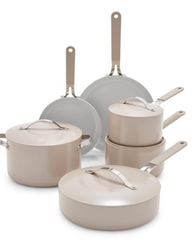 GreenLife 10-Piece Nonstick Ceramic Cookware Set, Lightweight Healthy PFAS-Free Pots & Pans with Lids, Dishwasher & Oven Safe, Durable Body, Silicone Stay-Cool Handles, Easy Release, Taupe