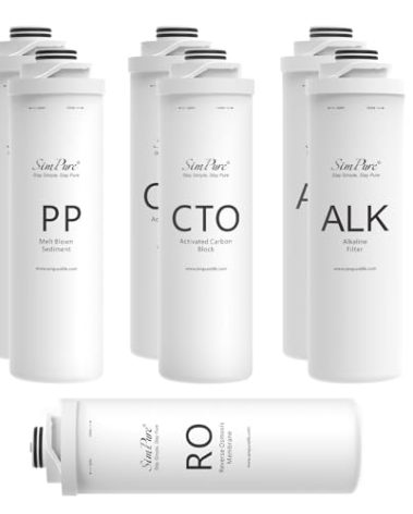 SimPure T1-400ALK 1-Year Replacement Filter Cartridge Pack Set for T1-400ALK Tankless Reverse Osmosis Water Filter System (2*PP + 2*CTO + 1*RO + 2*ALK)