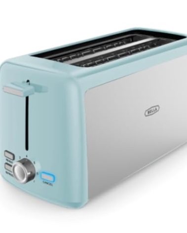 BELLA 4 Slice Toaster, Long Slot & Removable Crumb Tray, 7 Shading Options with Auto Shut Off, Cancel & Reheat Button, Toast Bread & Bagel, Stainless Steel & Aqua