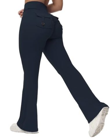 MIHRUSEM Flare Leggings for Women with Pockets Scrunch Butt Pants with High Waist Design Gym Workout Yoga Running Pants Black