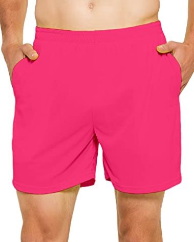 DEMOZU Men's 5 Inch Running Tennis Shorts Quick Dry Athletic Workout Gym Sports Shorts with Pockets, Neon Pink, L
