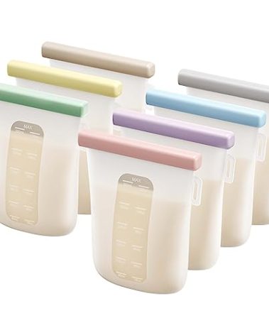 Nuliie 7 Pcs Reusable Silicone Breastmilk Storage Bags, 12oz/360ml Double Leak-Proof, BPA Free Self-Standing Milk Bags for Breastfeeding, Baby Food Pouches