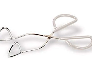 Better Houseware 10" Angled Tongs, Silver with White Handle