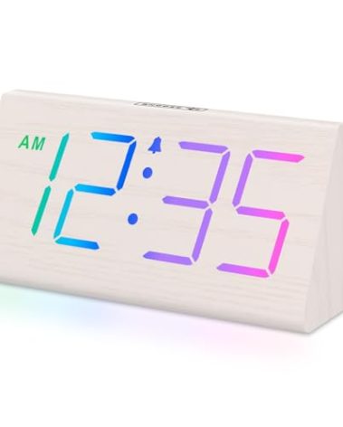 DreamSky Wooden Digital Alarm Clock for Bedroom - RGB Electric Desk Clock with Large Numbers, USB Port, Loud Alarm for Heavy Sleepers, Dimmer and Volume Control, Snooze, Wood Décor (Adapter Powered)