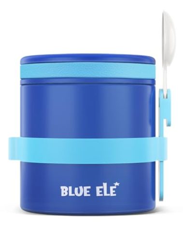 BLUE ELE Vacuum Insulated Thermos Food Jar for Hot Food, 13.5oz, Leak-Proof, Ceramic-Coated Stainless Steel Lunch Container with Folding Spoon, Easy Grip Lid, Deep Blue