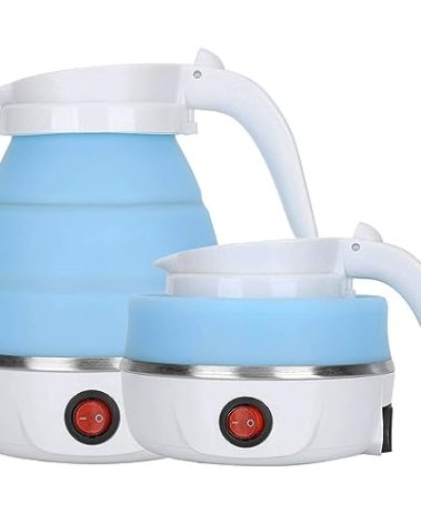 Travel Kettle Electric Small Foldable Portable Kettle,Silicone Collapsible Heating Water Boiler Tea Pot for Camping,Easy for Storage with Separable Power Cord (Blue pro)