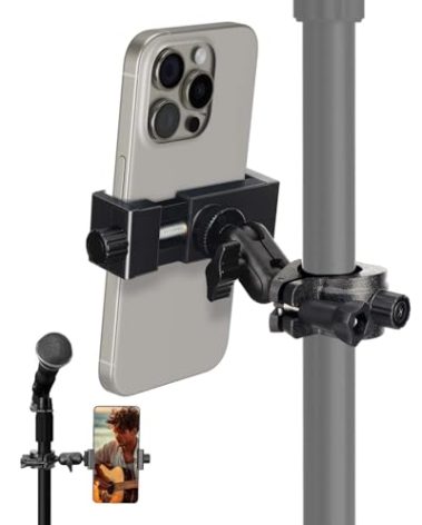 Mic Stand Phone Holder, Phone Holder Mount for Microphone Stand, Music Stand, Guitar Drums, Phone Clamp for iPhone 15 14 13 12 11 Plus Pro Max Mini Samsung Galaxy S24 S23 Ultra Google Pixel 8 7