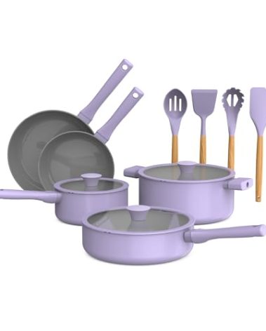So Yummy by bella 12 Piece Cookware Set w EverGood™ Ceramic Nonstick Coating​ and Silicone & Wood Utensils, Dishwasher Safe Silicone & Glass Lids, Oven Safe & All Stovetop Compatible, Lavender