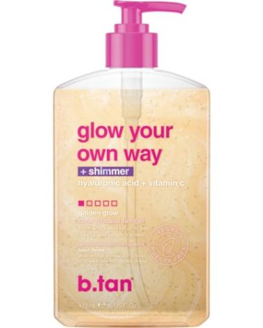 b.tan Clear Gradual Self Tan Gel | Glow Your Own Way Shimmer - Sunkissed Golden Bronze, Transfer Free, Best Extender, Moisturizing, Non Toxic Sunless Tanning Lotion, No Fake Tanner Smell, 16 Fl Oz