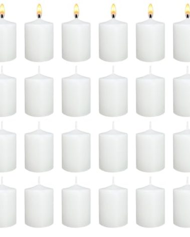 White Votive Candles Long Burn Time Unscented Candles Votives Bulk Pack of 24 Small Pillar Candles