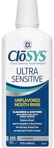 CloSYS Ultra Sensitive Mouthwash, Unflavored Alcohol Free, Dye Free, pH Balanced, Helps Soothe Entire Mouth – 32 Oz