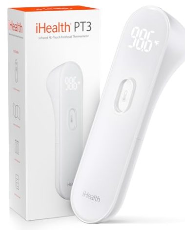 iHealth No-Touch Forehead Thermometer for Adults, Kids, Babies - 1s Fast Accurate, 3 Ultra-Sensitive Sensors, Quiet Vibration Feedback, Digital Large LED Digits, Easy to Use for Home & Nurses, PT3