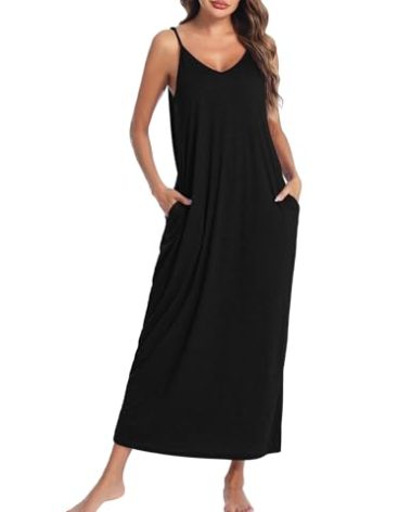 Marvmys Womens Long Sleeveless Nightgowns Cotton Maxi Lounge Gown Spaghetti Strap Nightshirts with Pockets Black